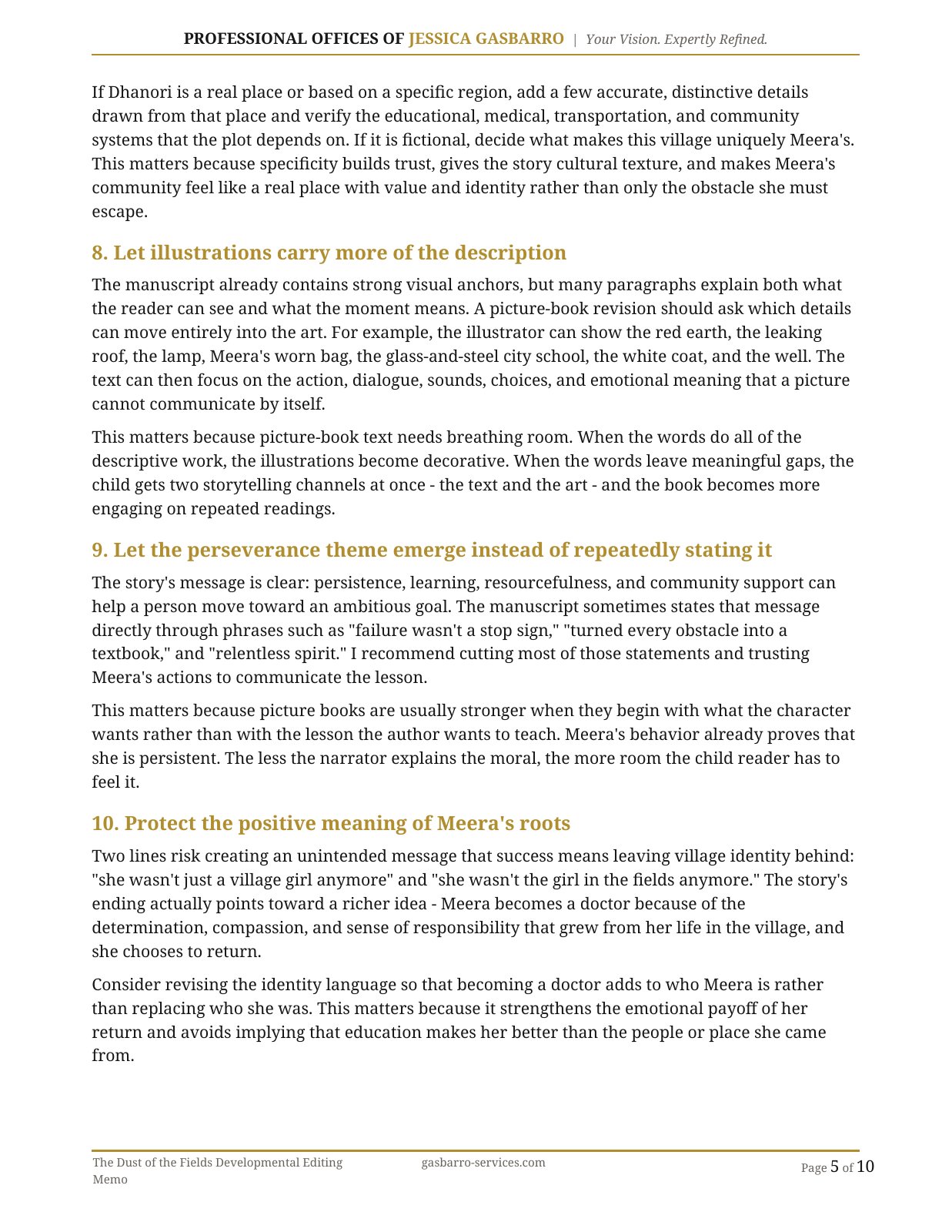 Developmental editing memo, page 5 of 10; open PDF for selectable text