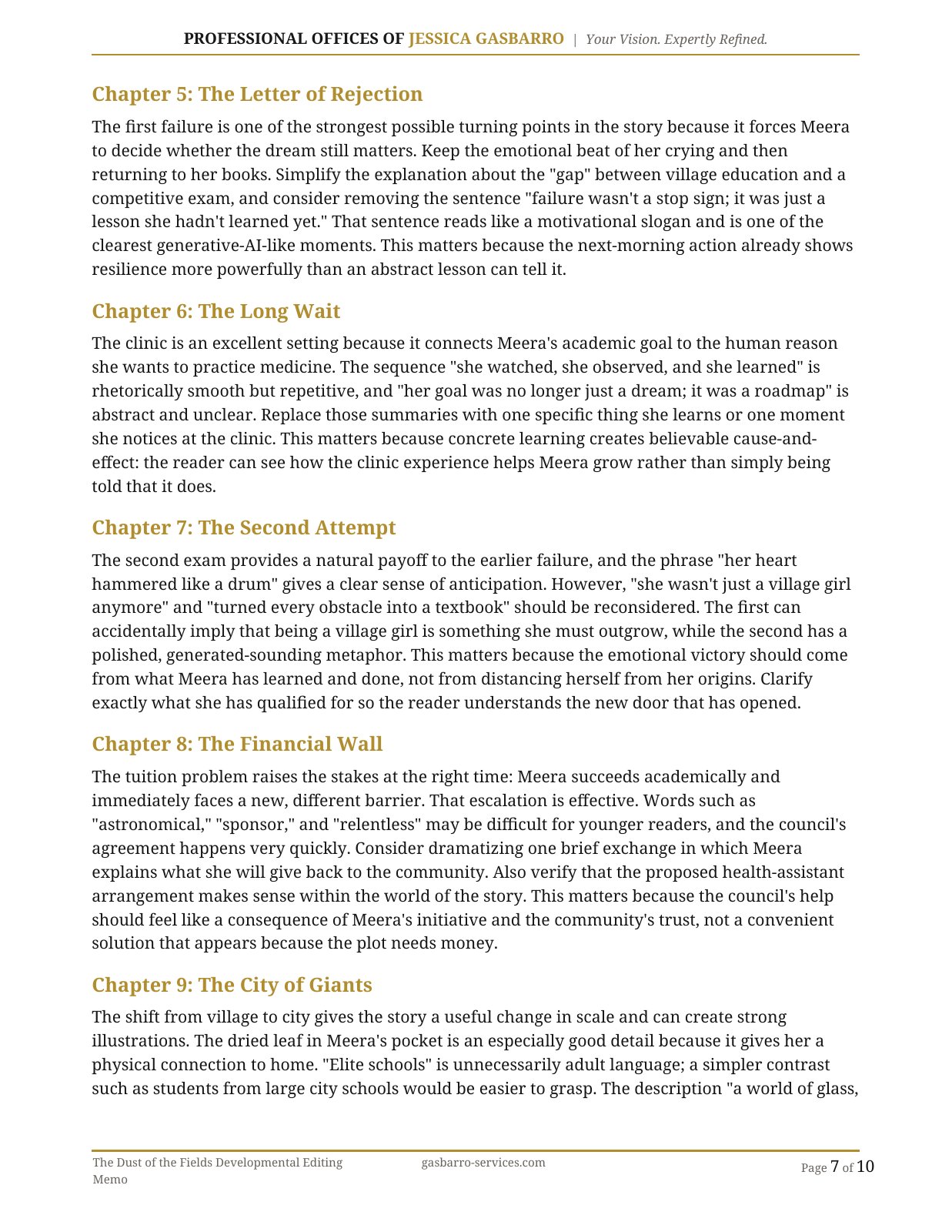 Developmental editing memo, page 7 of 10; open PDF for selectable text