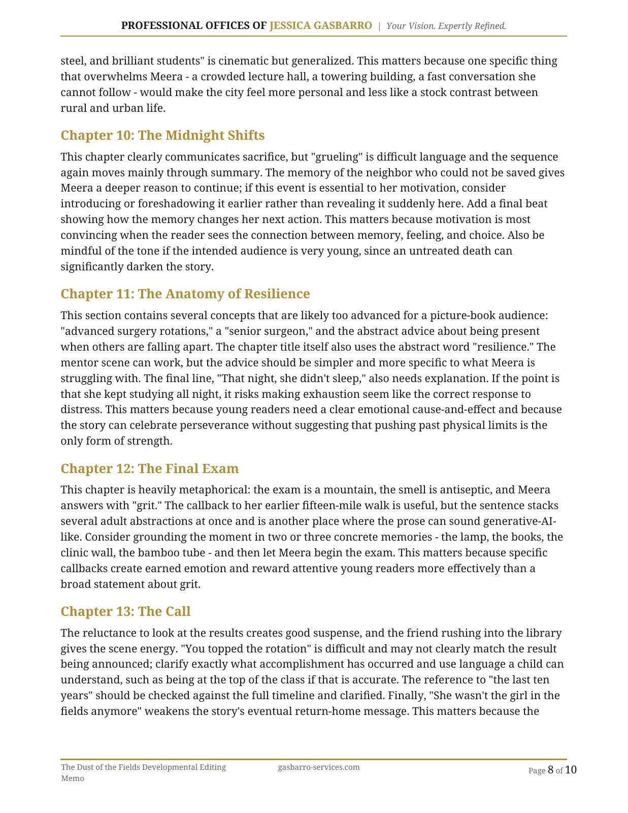 Developmental editing memo, page 8 of 10; open PDF for selectable text